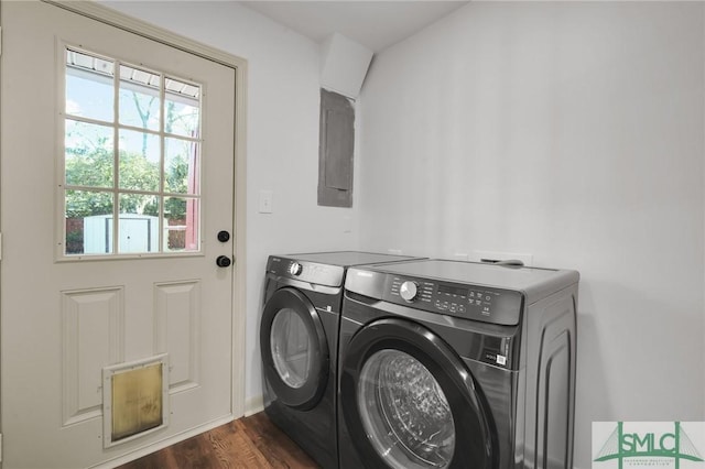 105 Carlton Rd, Savannah, GA 31410 - washroom featuring separate washer and dryer, dark wood-style flooring, and electric panel