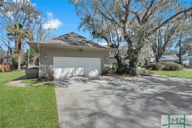 view of property exterior with an attached garage, a lawn, driveway, and a shingled roof