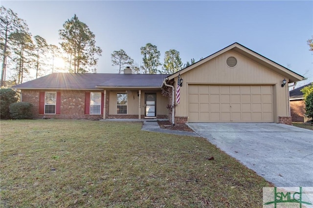 single story home featuring brick siding, concrete driveway, a front yard, a chimney, and an attached garage