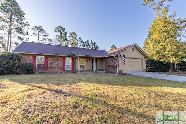 ranch-style house featuring brick siding, a front lawn, a chimney, a garage, and driveway