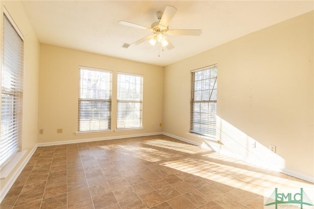 spare room featuring visible vents, baseboards, and ceiling fan