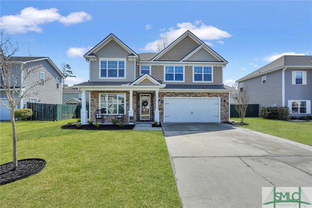 craftsman-style house featuring stone siding, concrete driveway, a garage, and fence