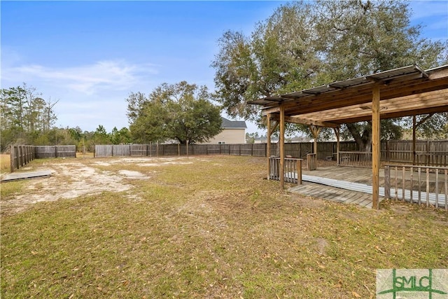 view of yard with a fenced backyard and a wooden deck