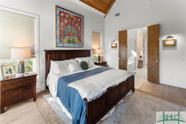 bedroom featuring visible vents, baseboards, wood ceiling, light wood-style flooring, and high vaulted ceiling