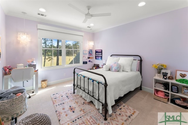 carpeted bedroom with visible vents, recessed lighting, and baseboards