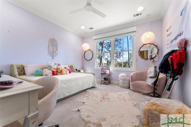 bedroom with baseboards, visible vents, carpet floors, and ceiling fan