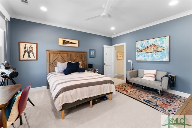 carpeted bedroom with crown molding, recessed lighting, and baseboards