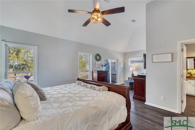 bedroom featuring a ceiling fan, dark wood-style floors, baseboards, visible vents, and lofted ceiling