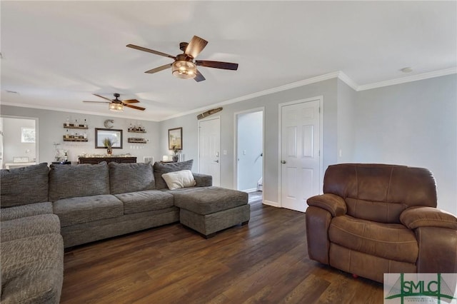 living room with dark wood finished floors, crown molding, and a ceiling fan