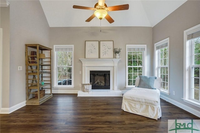 unfurnished living room with vaulted ceiling, wood finished floors, and a healthy amount of sunlight