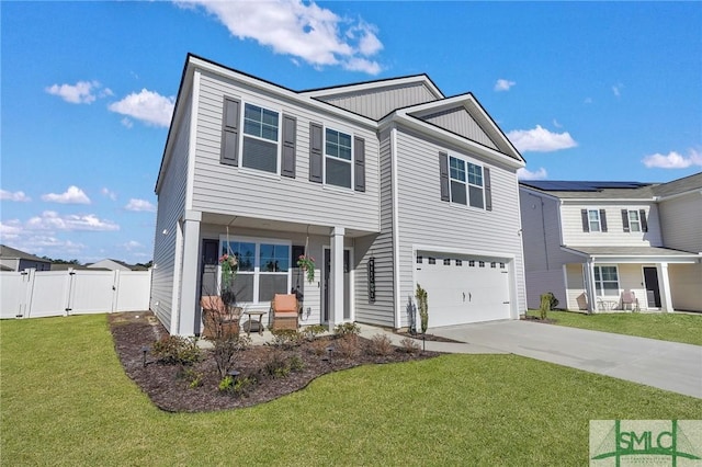 view of front of house with a gate, fence, concrete driveway, a front lawn, and a garage