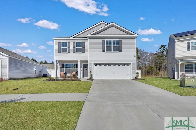 view of front facade featuring a garage, a front lawn, board and batten siding, and driveway