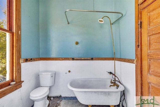 bathroom featuring a freestanding tub, toilet, and a sink