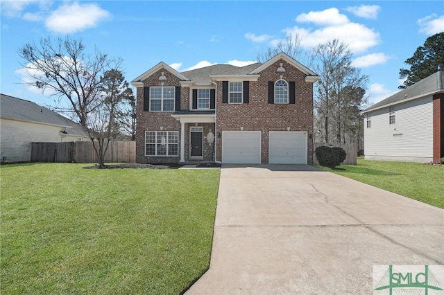 view of front of house featuring brick siding, a front lawn, fence, concrete driveway, and an attached garage