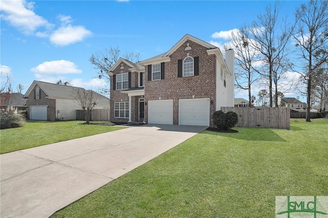 view of front of home featuring an attached garage, fence, brick siding, and a chimney