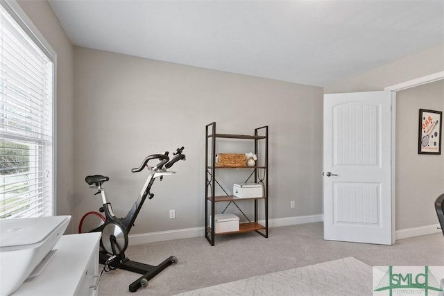 exercise area featuring baseboards and carpet floors