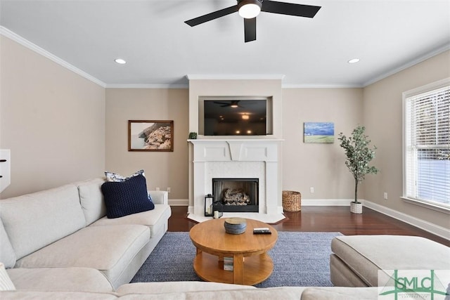 living area with a fireplace with raised hearth, baseboards, ornamental molding, and wood finished floors