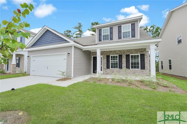 view of front of home featuring a front yard, an attached garage, brick siding, and driveway