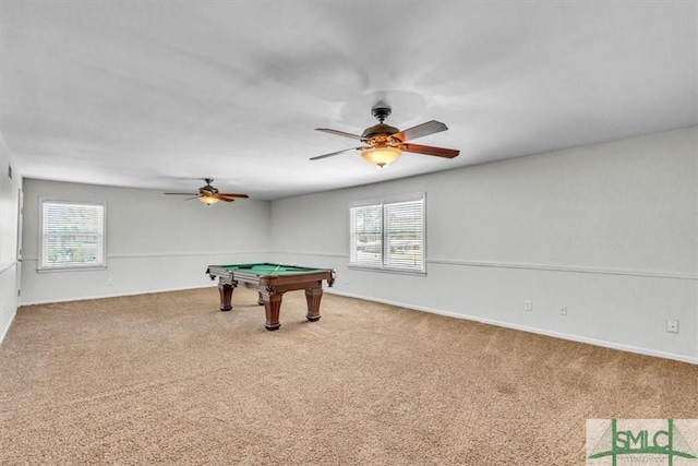 rec room with pool table, plenty of natural light, and carpet floors