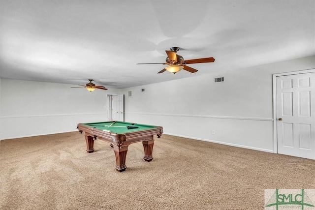 recreation room with pool table, carpet, visible vents, and a ceiling fan