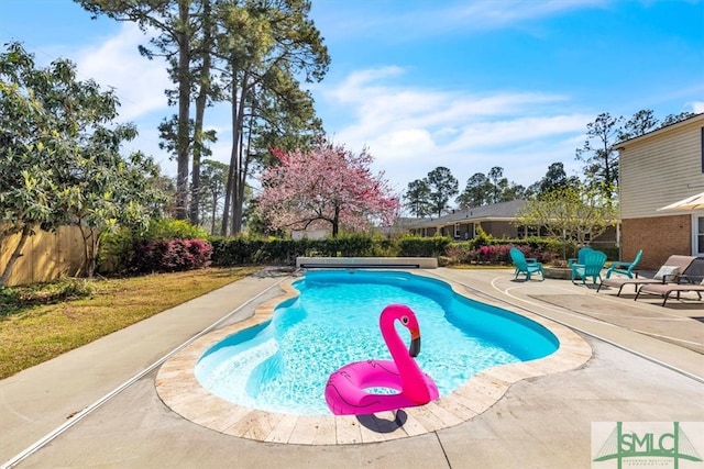 view of pool featuring a patio area, a fenced in pool, and fence