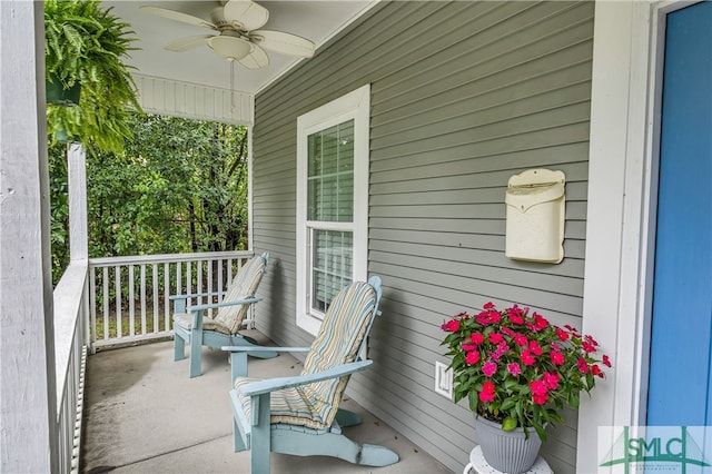 exterior space with covered porch and ceiling fan