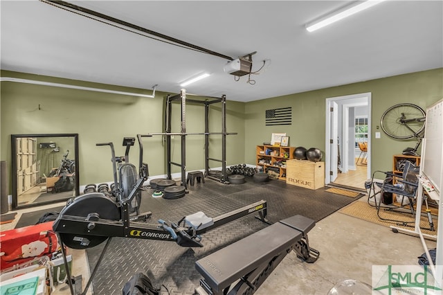 workout room with a garage