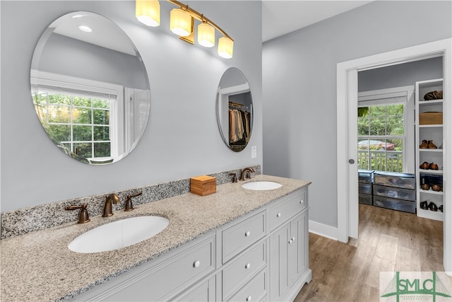 full bathroom with a sink, a spacious closet, wood finished floors, and double vanity