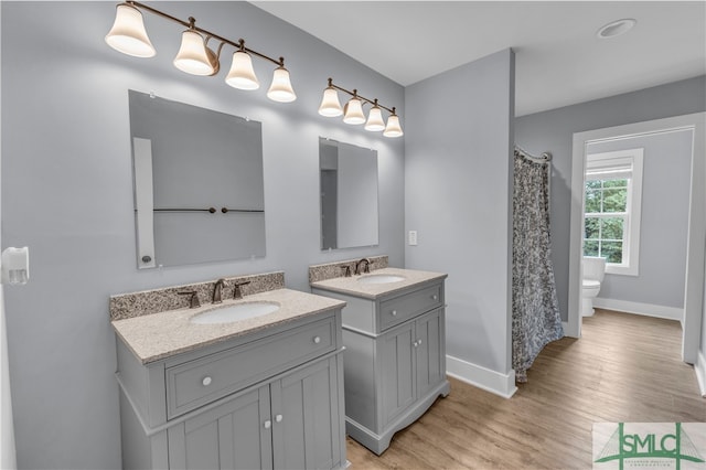 bathroom with toilet, two vanities, wood finished floors, and a sink