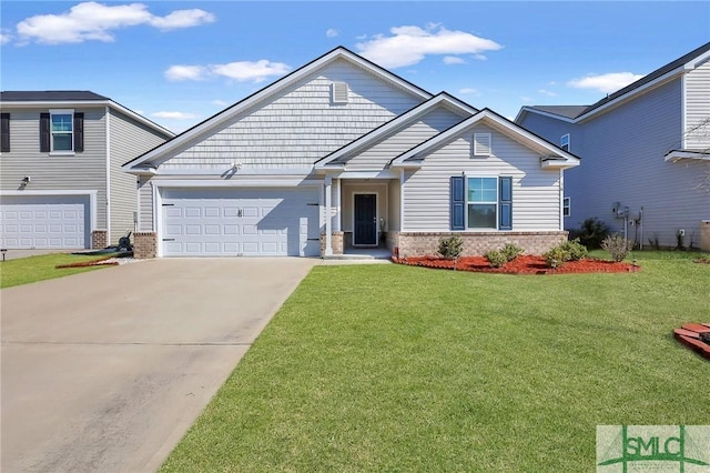 view of front of property featuring brick siding, an attached garage, driveway, and a front yard