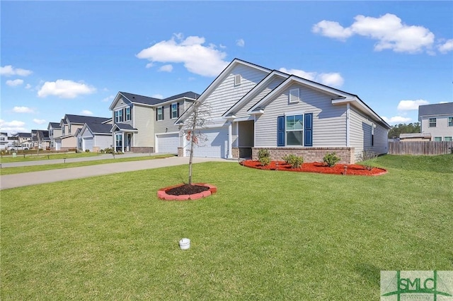 view of front of property featuring brick siding, driveway, a front lawn, and fence