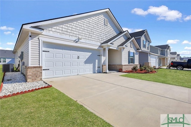 view of front of property featuring a front yard, central AC unit, concrete driveway, a garage, and brick siding