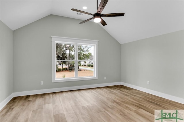 additional living space with light wood finished floors, visible vents, baseboards, and a ceiling fan