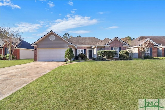 ranch-style house with a front lawn, brick siding, a garage, and driveway