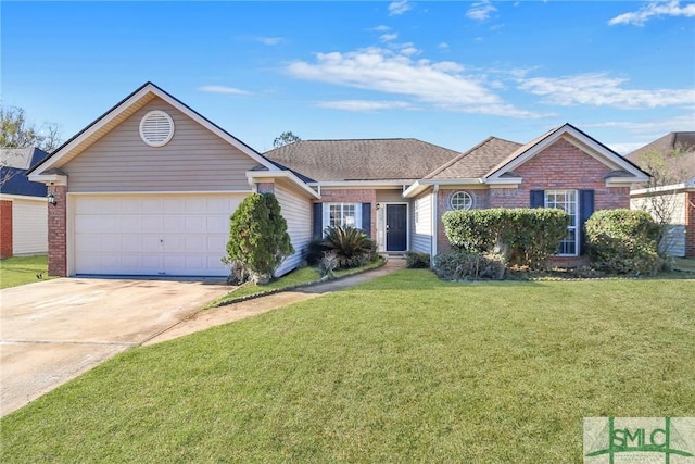 ranch-style home with driveway, a shingled roof, an attached garage, a front yard, and brick siding