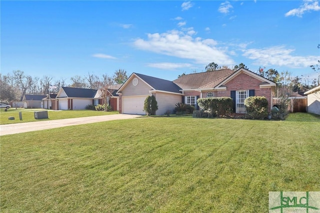 single story home featuring a front lawn, brick siding, a garage, and driveway