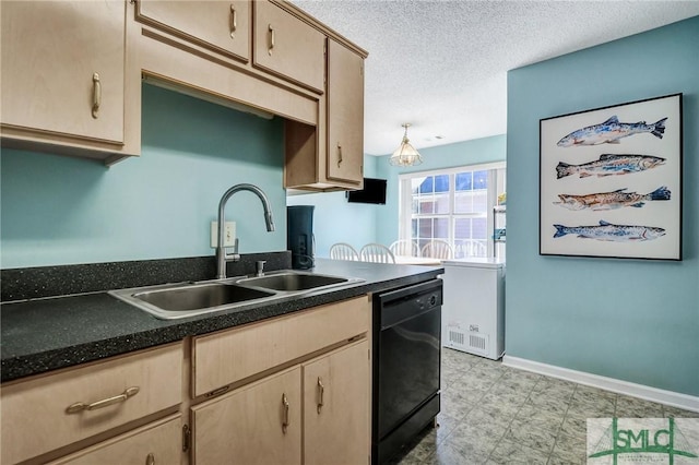 kitchen featuring dark countertops, baseboards, black dishwasher, a textured ceiling, and a sink