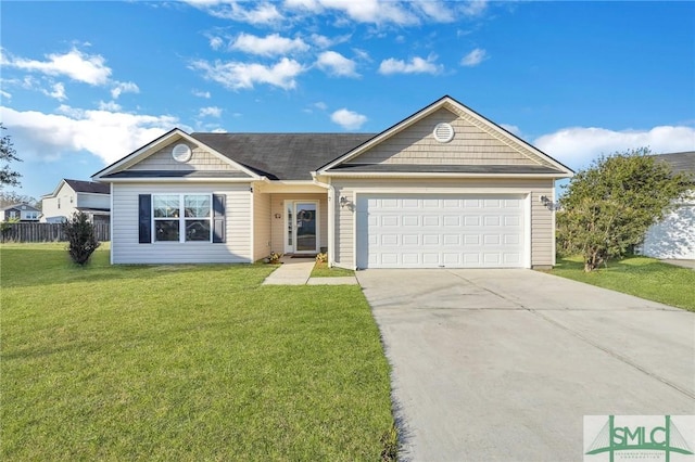 ranch-style house with an attached garage, concrete driveway, a front yard, and fence