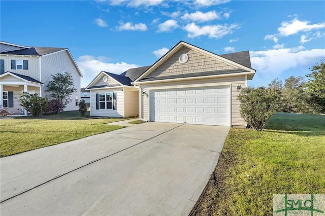 view of front of property with an attached garage, concrete driveway, and a front yard