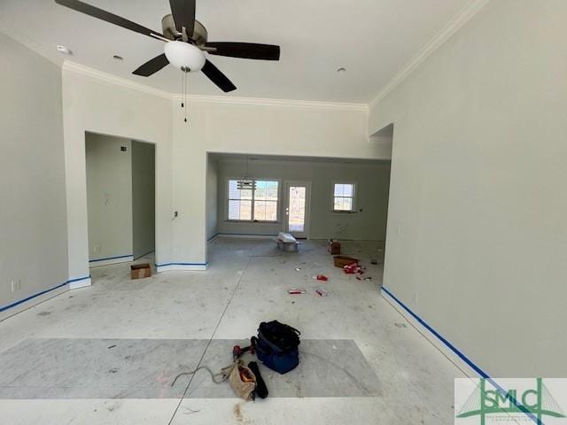 interior space featuring crown molding and a ceiling fan