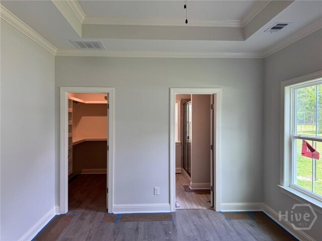 109 Ennis Rd, Pembroke, GA 31321 - unfurnished bedroom featuring a walk in closet, a tray ceiling, wood finished floors, multiple windows, and crown molding