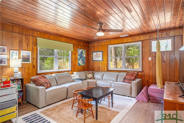 living area with ceiling fan, light wood-style floors, wooden ceiling, and wood walls