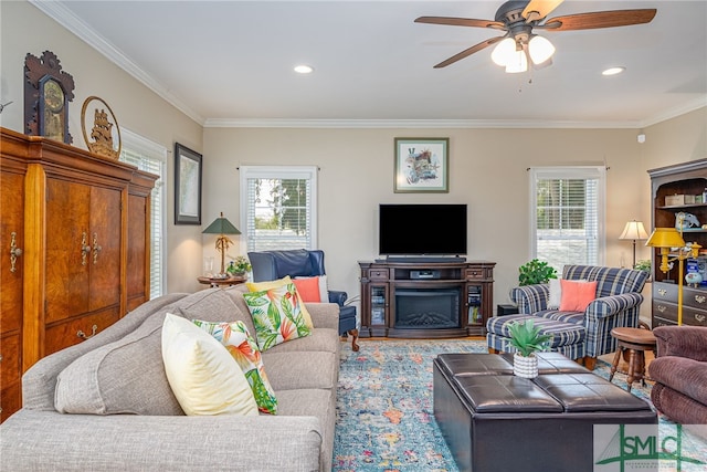 living room featuring recessed lighting, ceiling fan, and crown molding