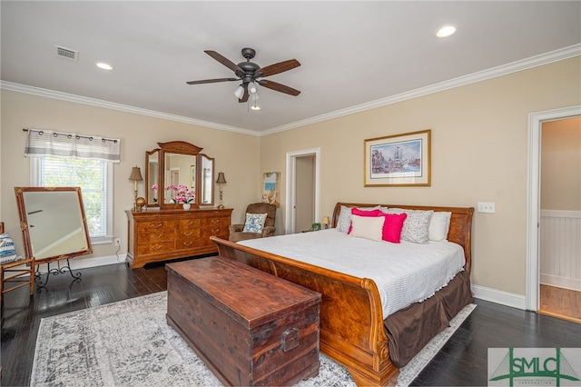 bedroom with visible vents, baseboards, recessed lighting, dark wood-style flooring, and crown molding