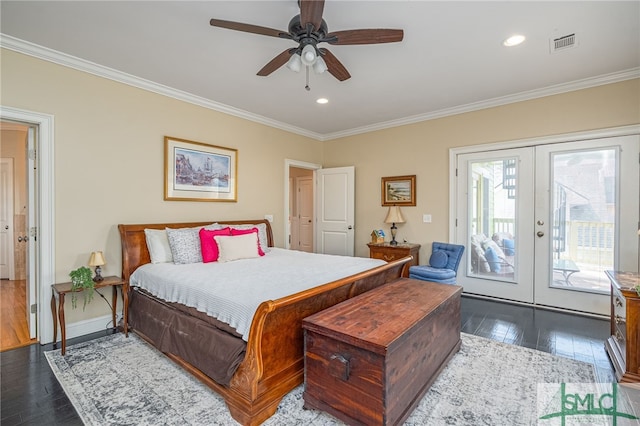 bedroom with french doors, visible vents, access to exterior, and dark wood finished floors