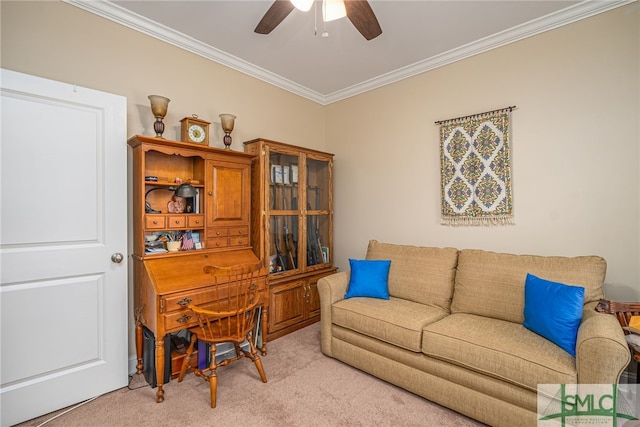 interior space with ceiling fan, light carpet, and ornamental molding