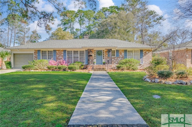 ranch-style house with a front lawn, a porch, an attached garage, brick siding, and a chimney