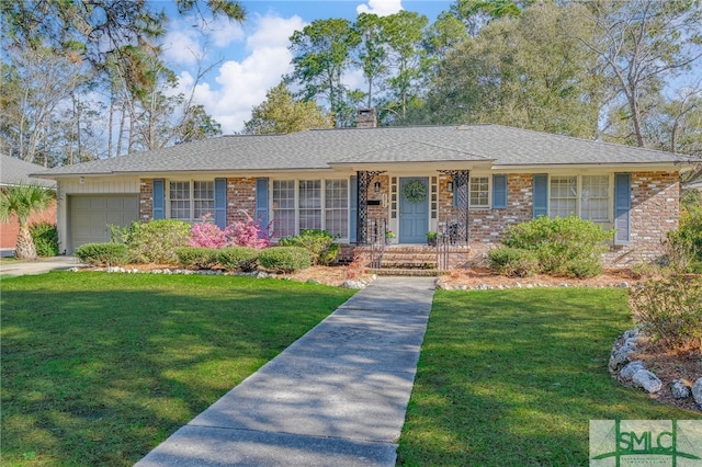 single story home with brick siding, a front lawn, covered porch, a chimney, and a garage