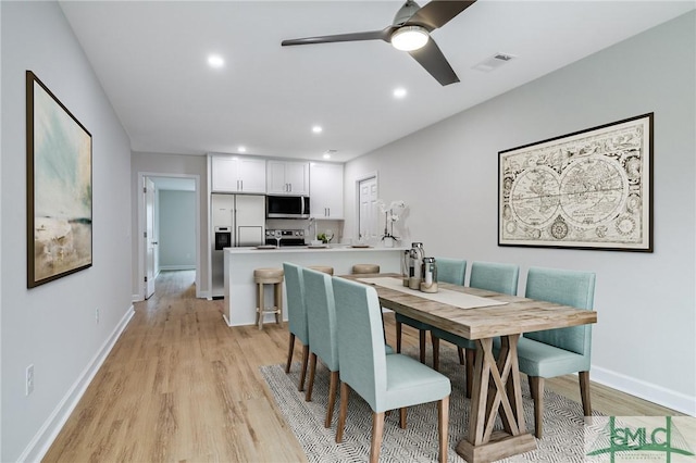 dining area with visible vents, ceiling fan, baseboards, recessed lighting, and light wood-style floors