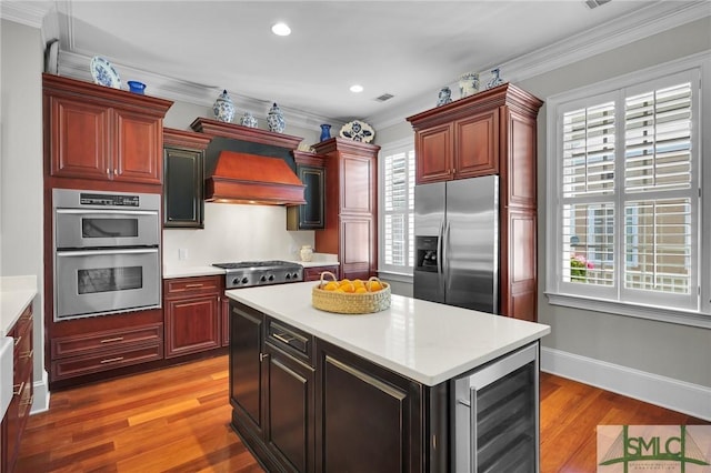 kitchen with beverage cooler, custom exhaust hood, stainless steel appliances, light countertops, and a wealth of natural light